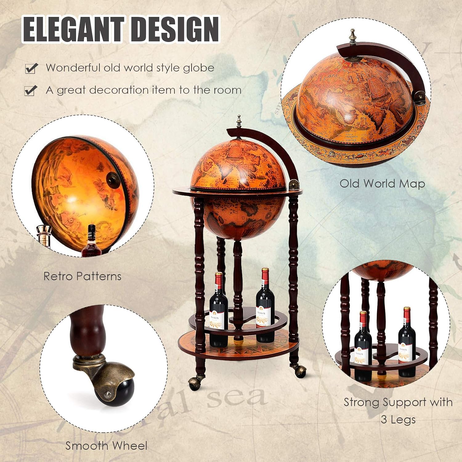 Kabinet Bar Globe dengan Roda, - Home Bar And Cabinet ulasan dan harga