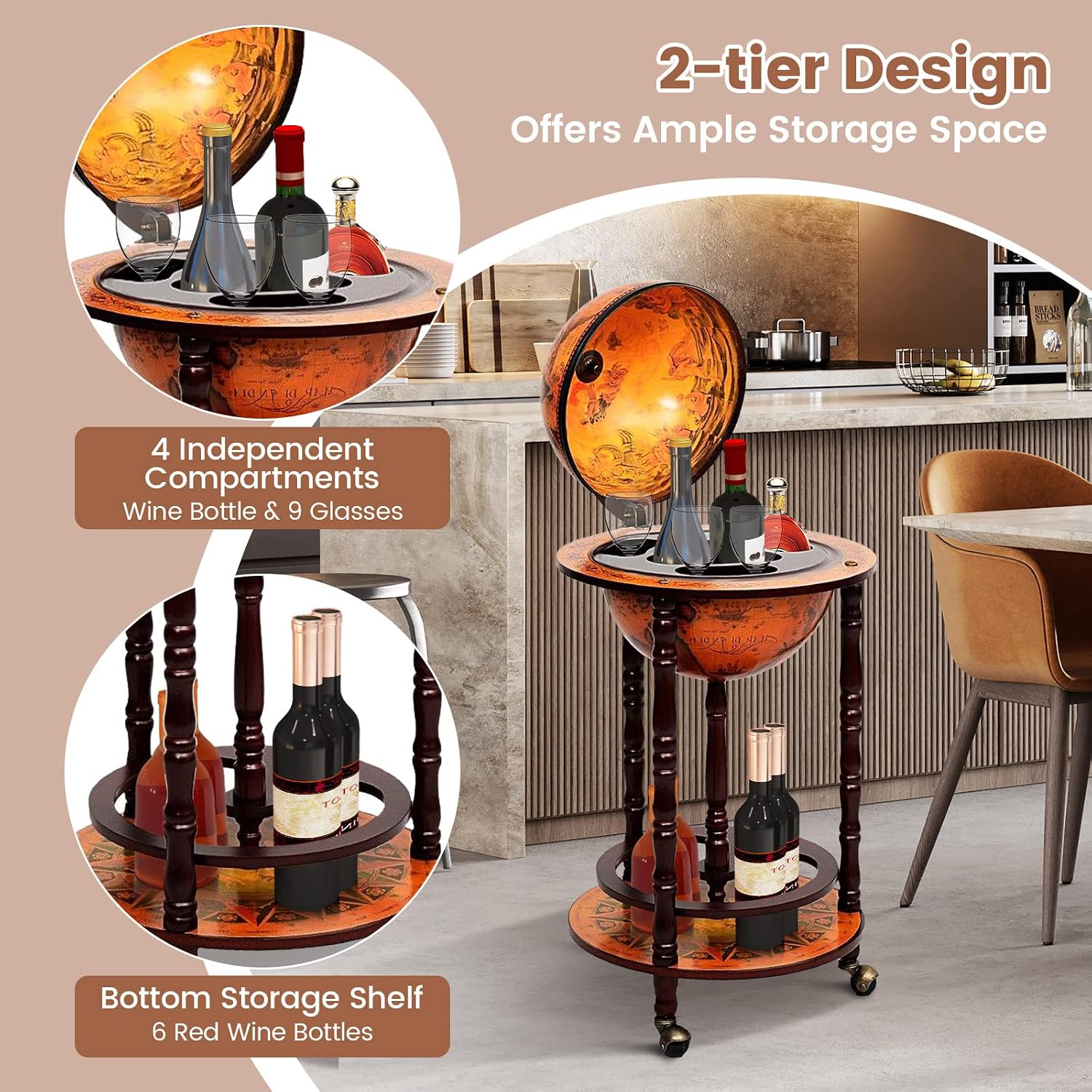 Kabinet Bar Globe dengan Roda, - Home Bar And Cabinet ulasan dan harga